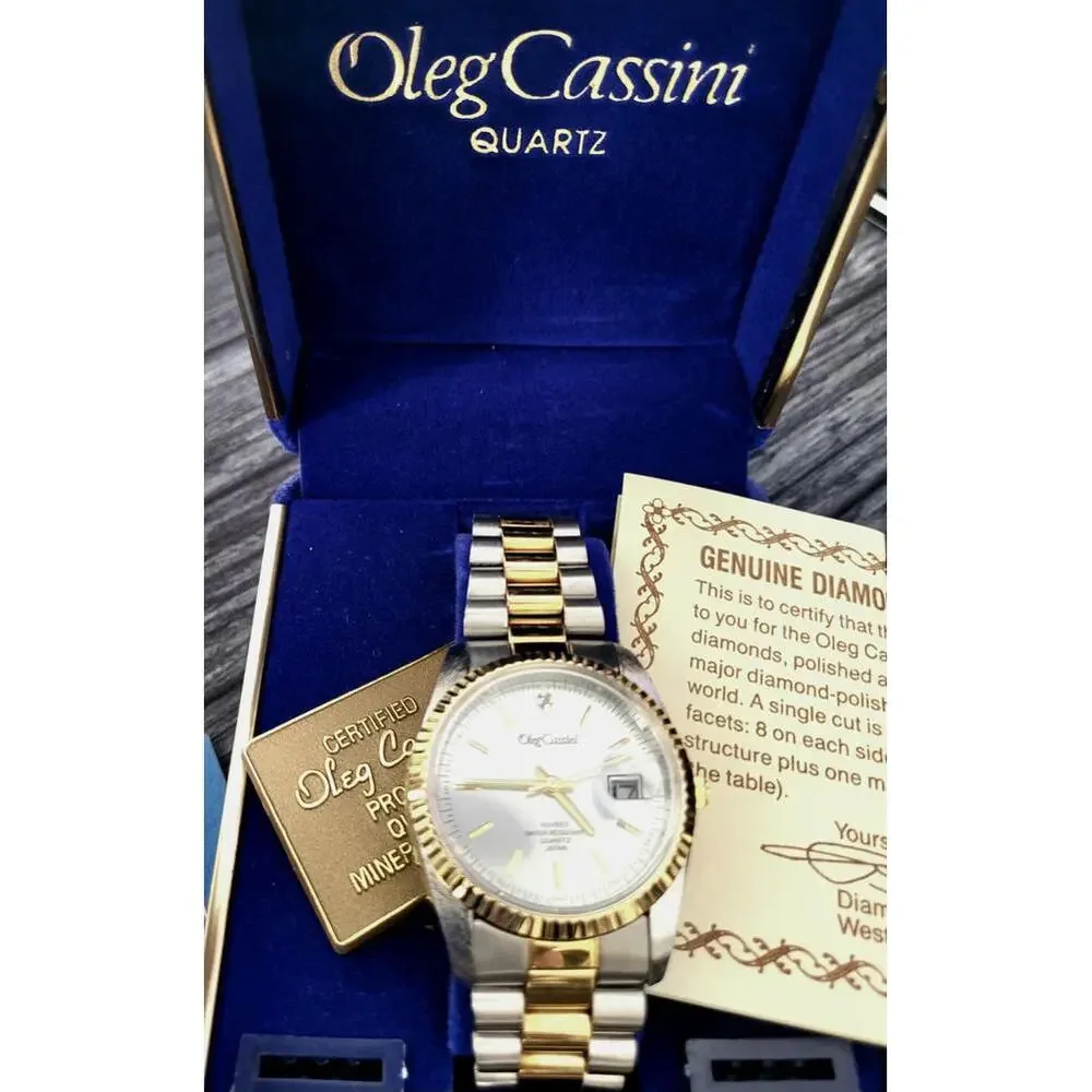 Rare‎ Vintage Oleg Cassini Mens Diamond Watch W Box Papers
